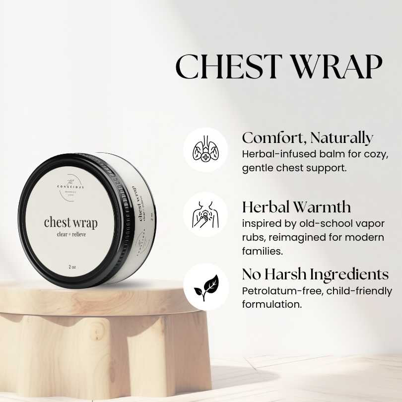 Chest wrap product with its benefits on a white background