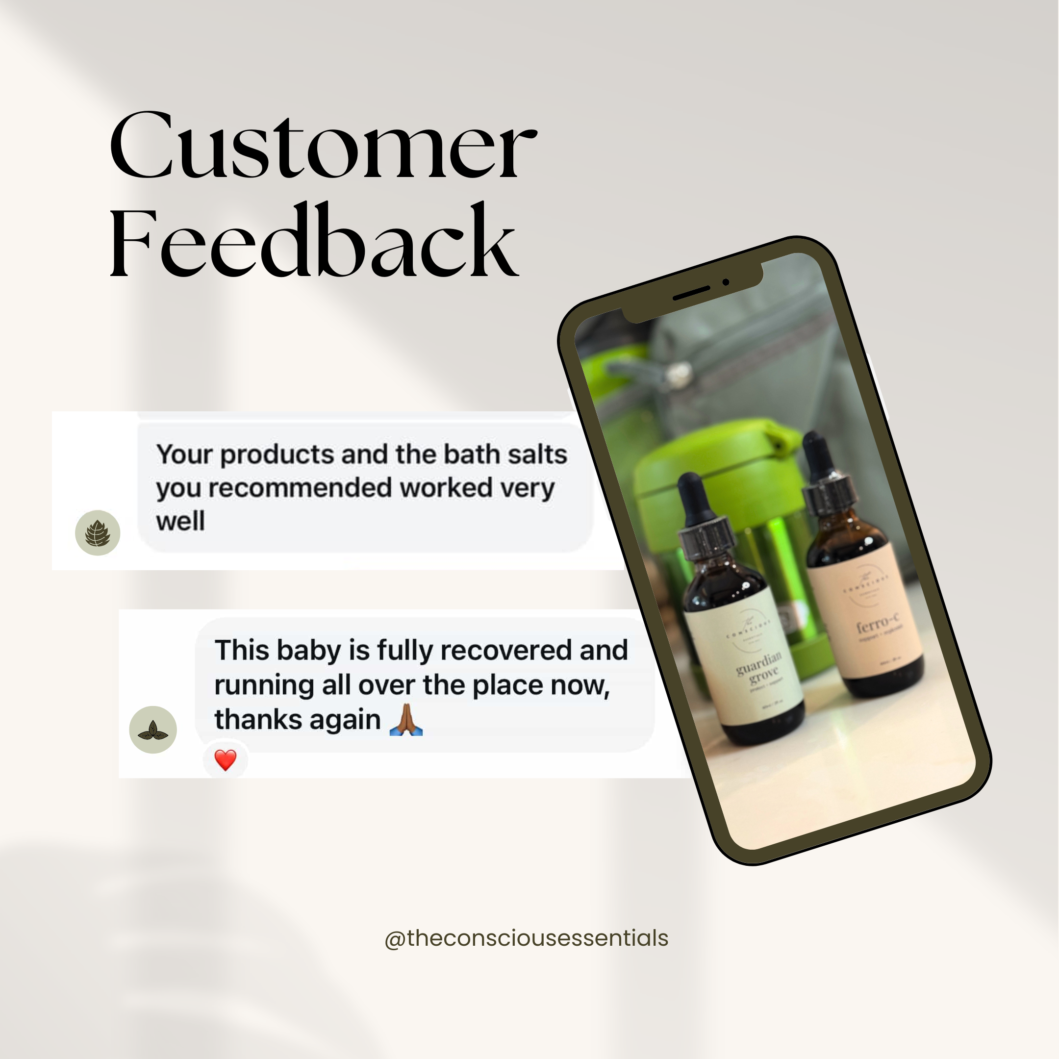 Phone displaying product bottles with customer feedback text on a light gray background