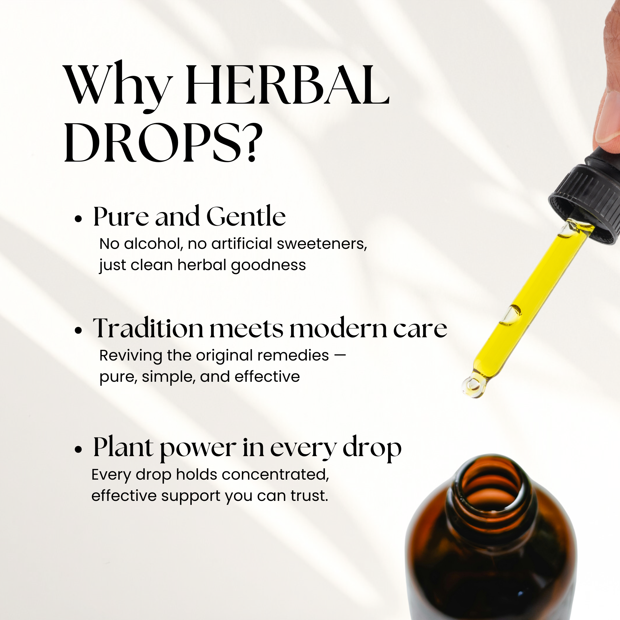 Herbal drops with a dropper and bottle on a white background, featuring text about the benefits of herbal drops.