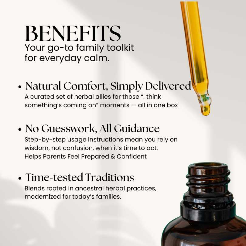 Bottle of herbal supplement with dropper and text about product benefits on a white background