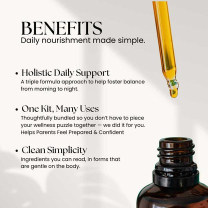 Product packaging with a dropper and text about daily nourishment benefits on a white background