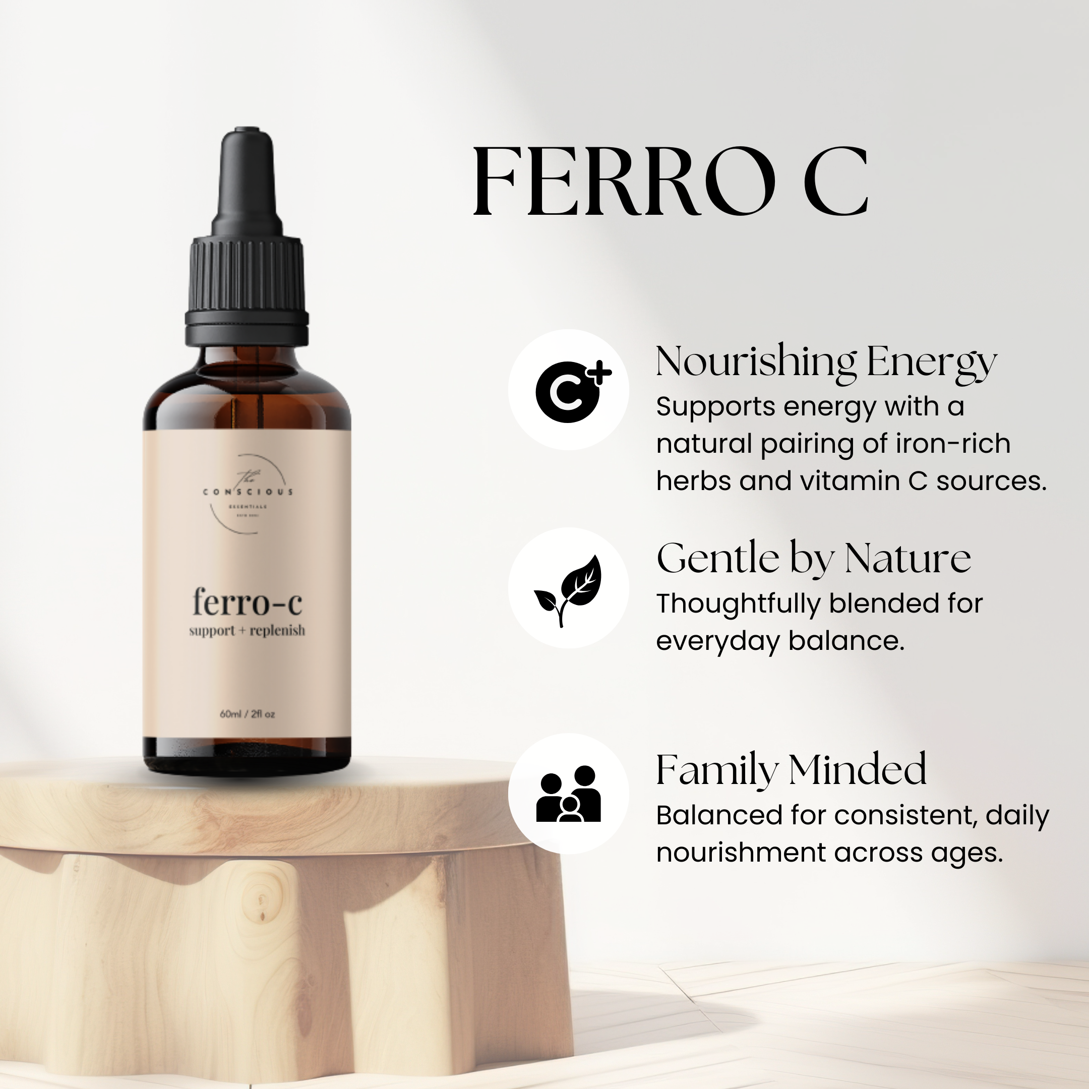 Ferro C supplement bottle on a wooden surface with product details and benefits on a white background