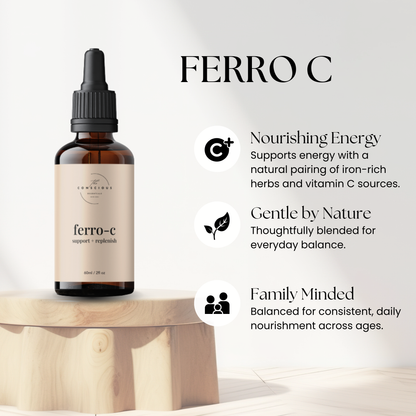 Ferro C supplement bottle on a wooden surface with product details and benefits on a white background