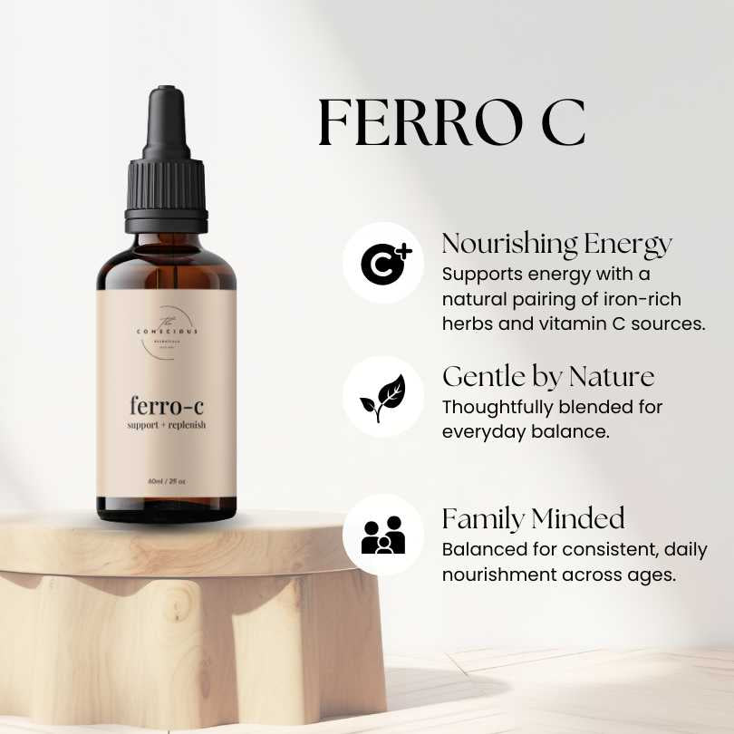 Ferro C supplement bottle on a wooden surface with product details and benefits on a white background