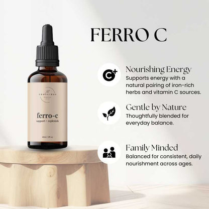 Ferro C supplement bottle on a wooden surface with product details and benefits on a white background