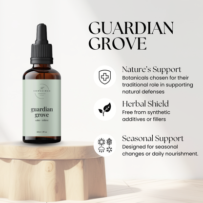 Guardian Grove bottle on a wooden platform with product details and benefits  on a white background