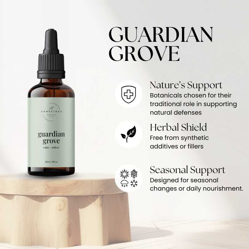 Guardian Grove bottle on a wooden platform with product details and benefits on a white background