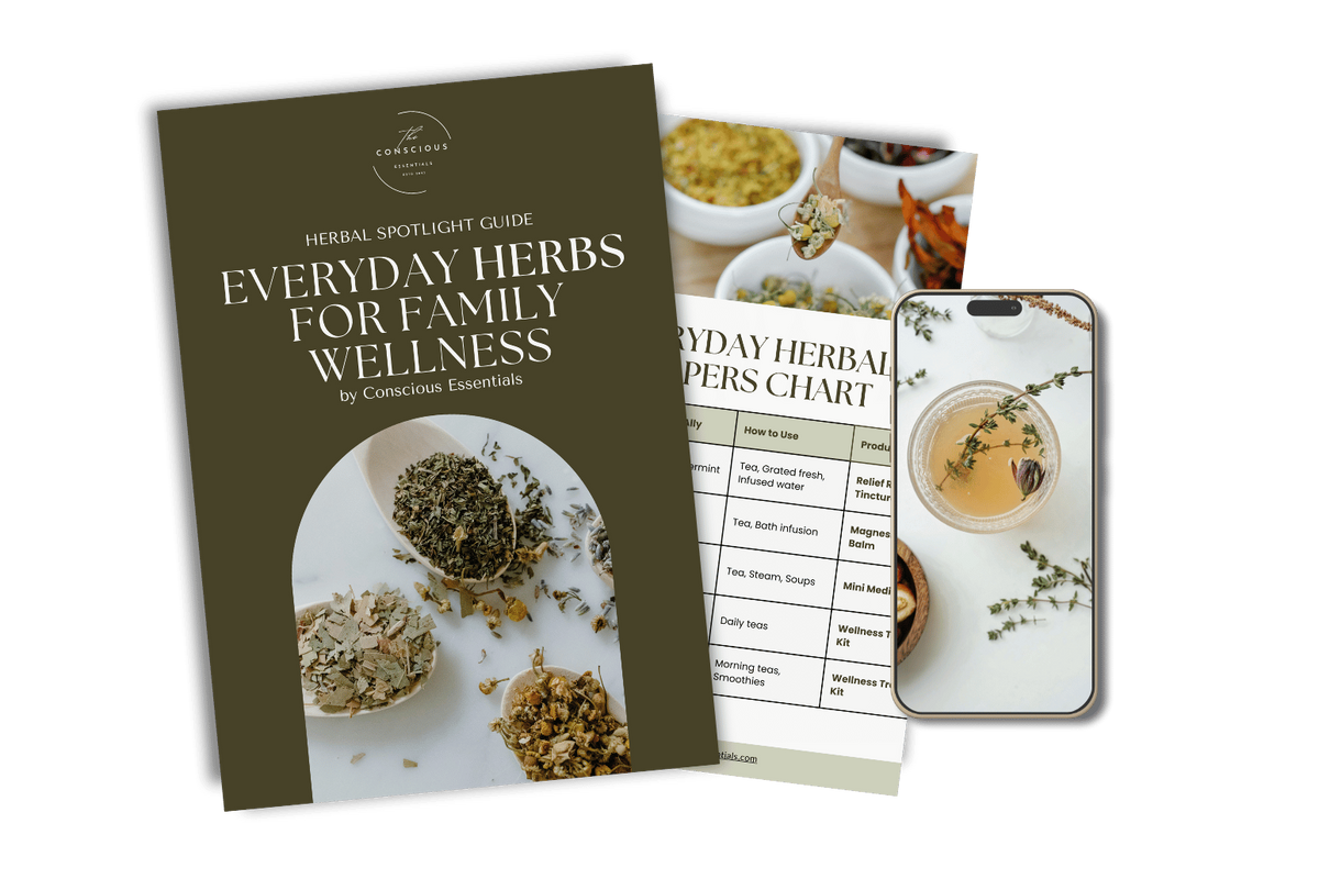 Book titled 'Everyday Herbs for Family Wellness' with a phone displaying an app on a green background