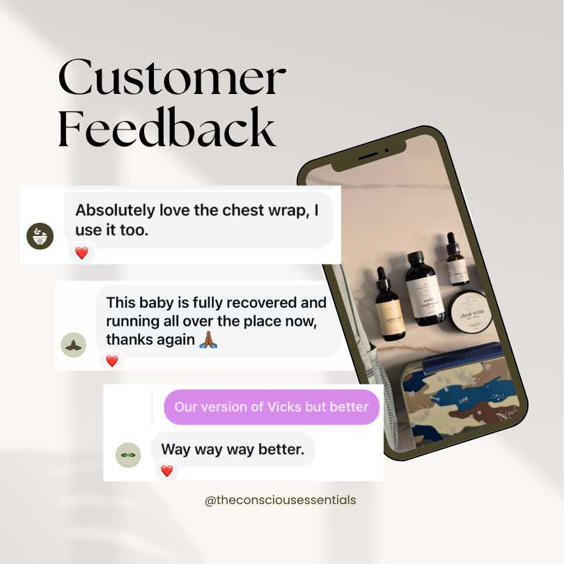 Phone screen displaying customer feedback about a chest wrap and product set, with visible brand &