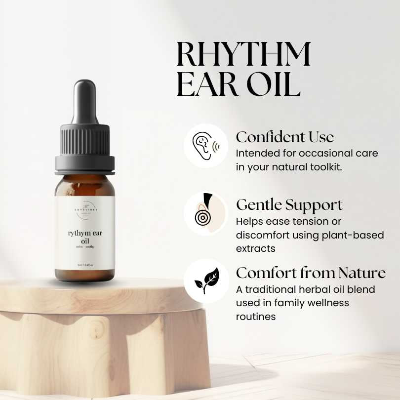 Rhythm Ear Oil bottle on a wooden platform with product description text on a white background