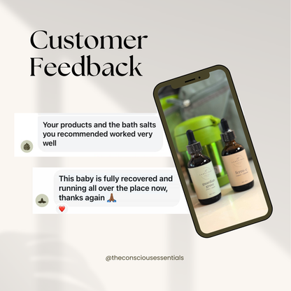 Phone displaying product bottles with customer feedback text on a light gray background