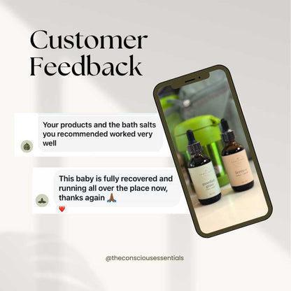 Phone displaying product bottles with customer feedback text on a light gray background