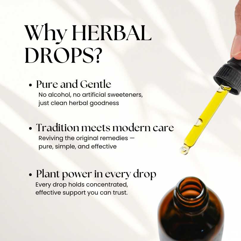 Herbal dropper bottle with text highlighting benefits on a white background