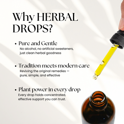 Herbal drops with a dropper and bottle on a white background, featuring text about the benefits of herbal drops.