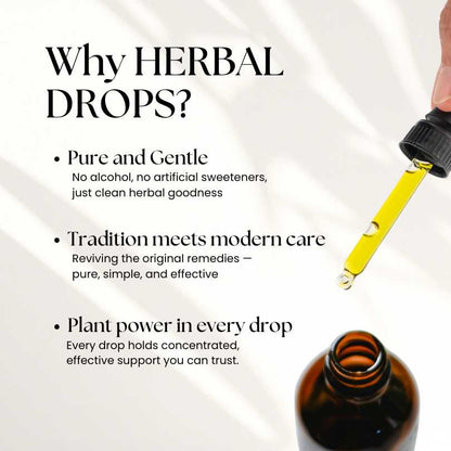 Herbal dropper bottle with text highlighting benefits on a white background