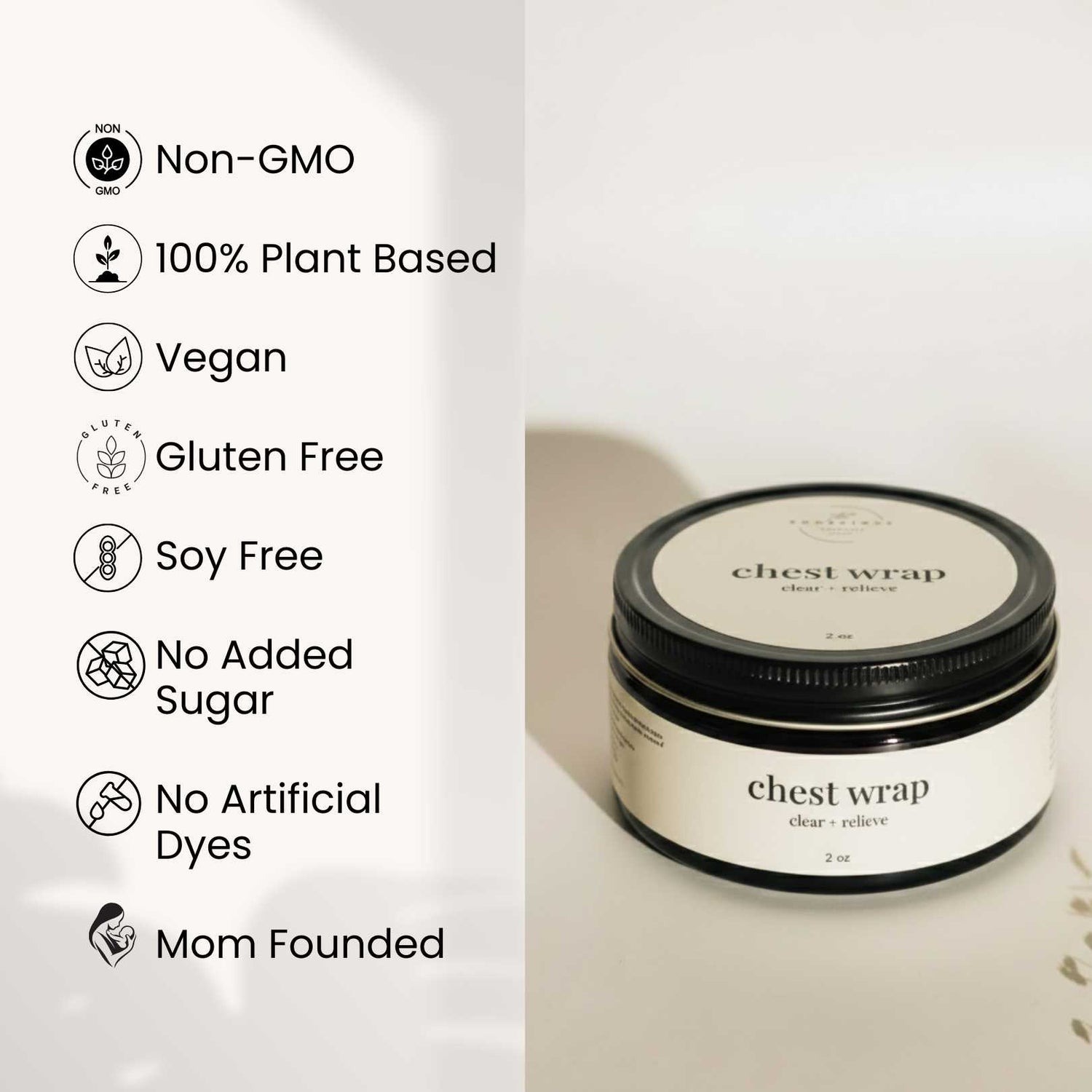 Jar of chest wrap with health benefits listed on a white background