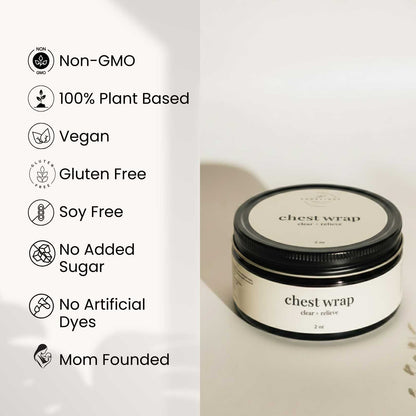 Jar of chest wrap with health benefits listed on a white background