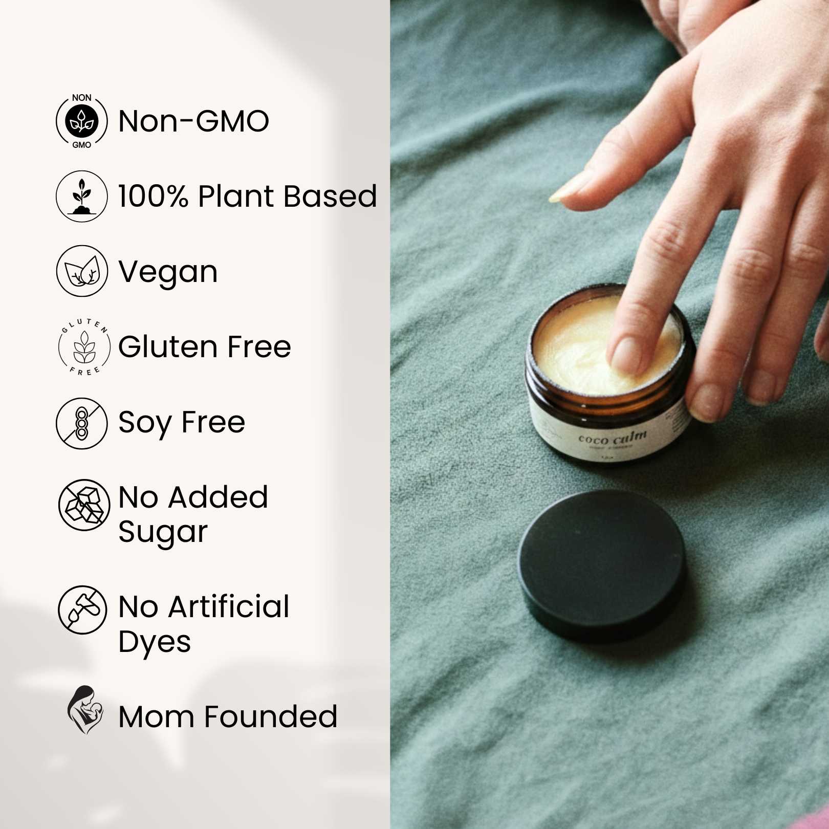 Candle jar with hand reaching for it on a textured surface, surrounded by health and safety certification icons.