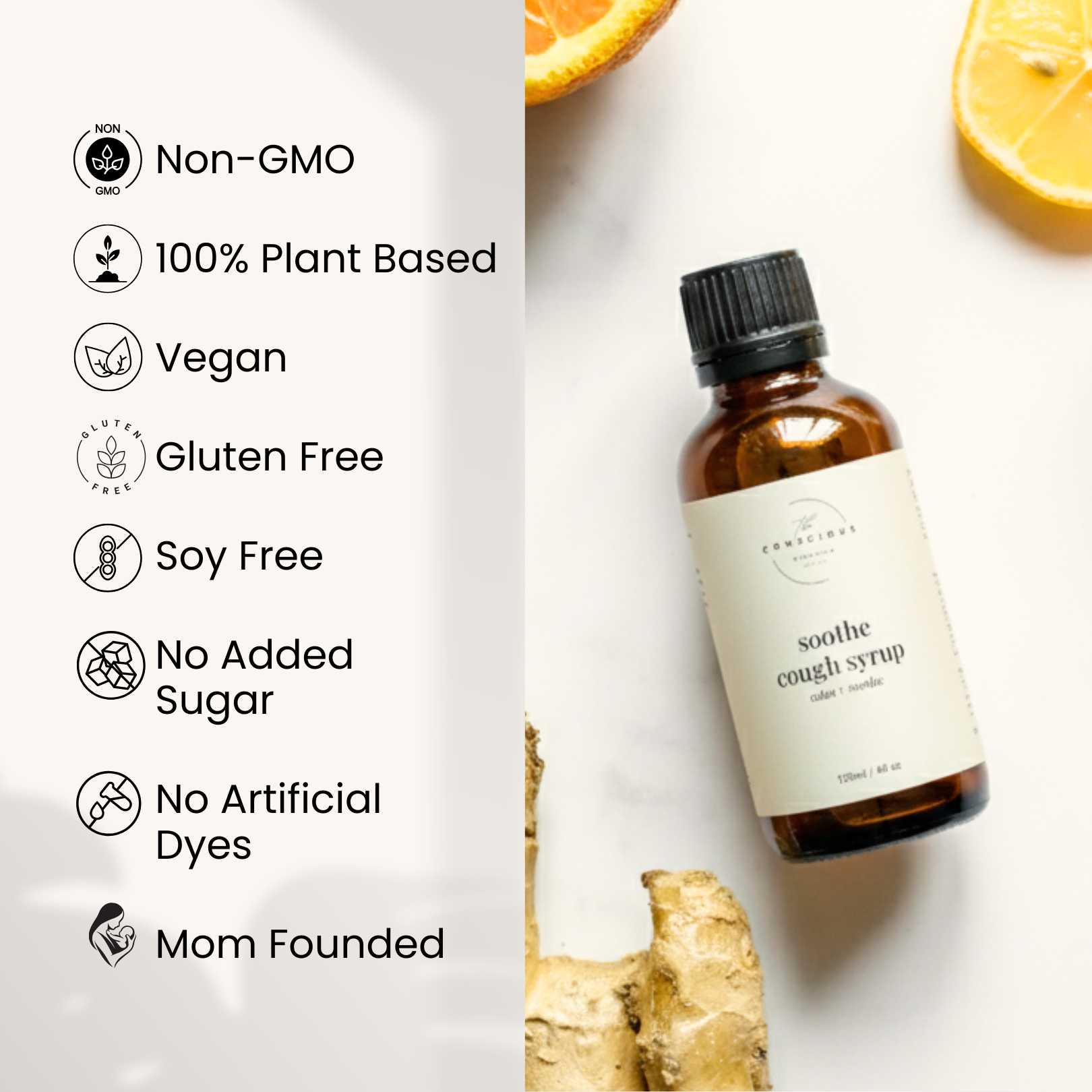 Bottle of cough syrup with ginger root and orange slices on a white background, featuring health benefits text.