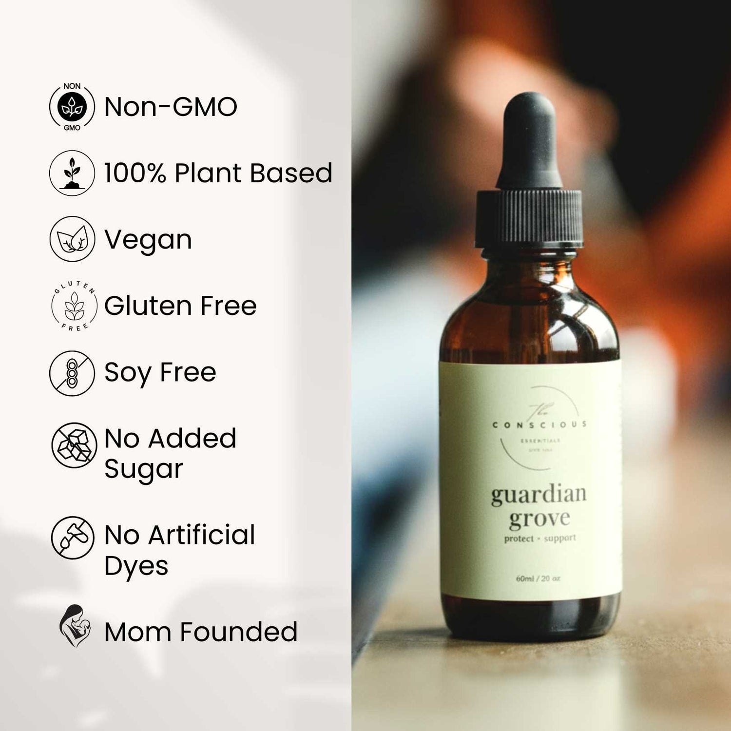 Bottle of Guardian Grove product with certification icons on a blurred background